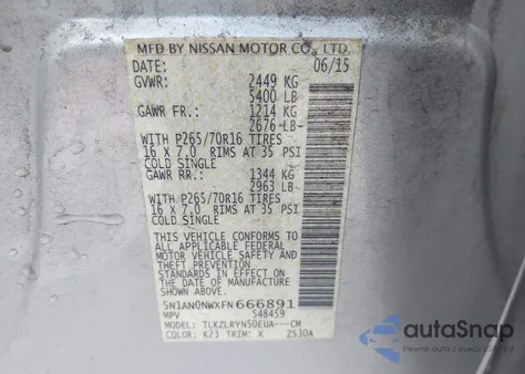 2015 Nissan Xterra S from USA, damaged, VIN 5N1AN0NWXFN666891